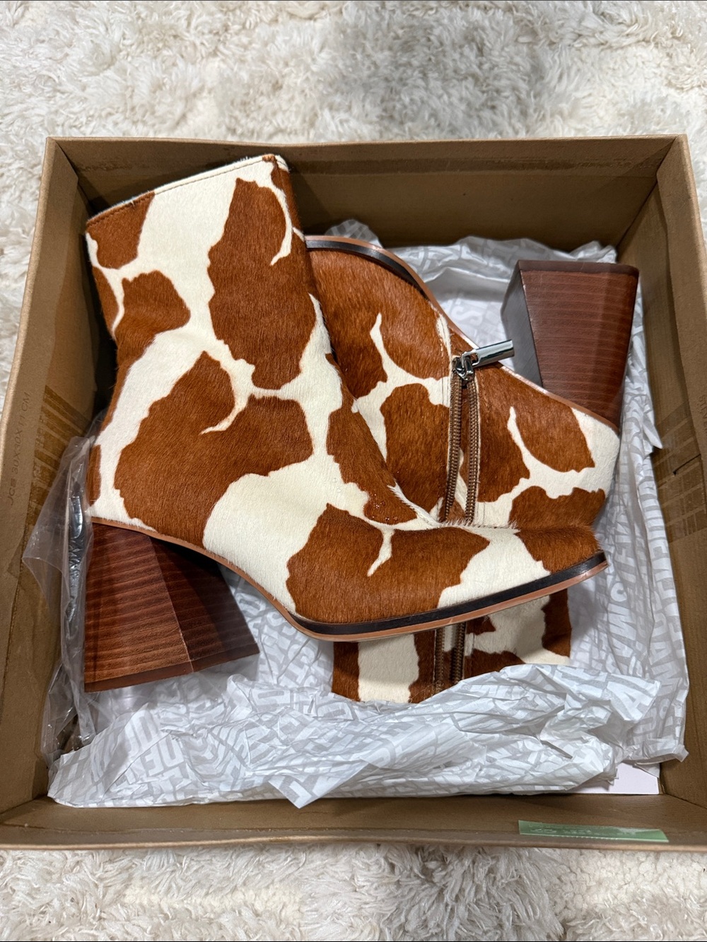 Steve Madden Brown & Cream Cow-Print Block Heel Ankle Boots